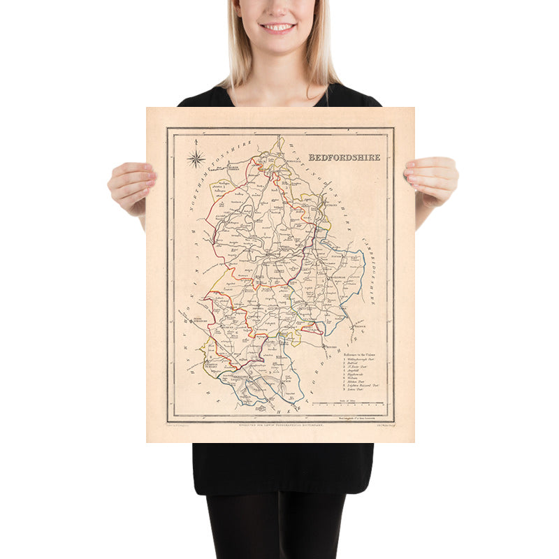 Alte Karte von Bedfordshire von Samuel Lewis, 1844: Luton, Dunstable, Leighton Buzzard, Biggleswade, Ampthill