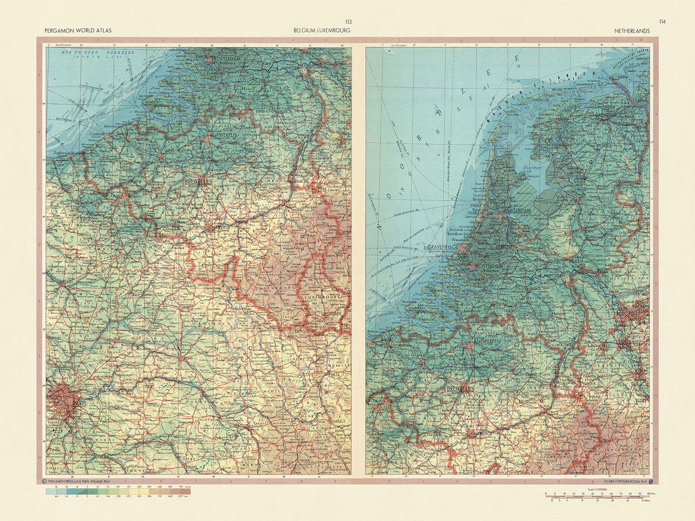 Old Map of Belgium, Luxembourg & Netherlands, 1967: Boundaries, Physical Landscape, Major Cities, Rivers, Mountain Ranges