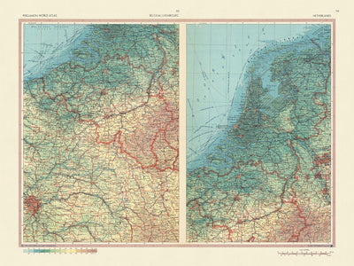 Ancienne carte de la Belgique, du Luxembourg et des Pays-Bas par le service topographique de l'armée polonaise, 1967 : frontières politiques, paysage physique, grandes villes, rivières, chaînes de montagnes
