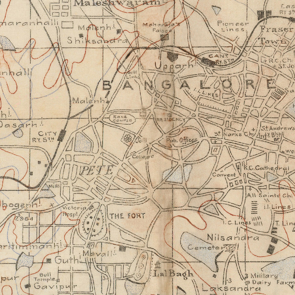 Old Map of Bengaluru, 1910: Bangalore City, Cantonment, Bannerghatta, Ulsoor Lake, Sankey Tank
