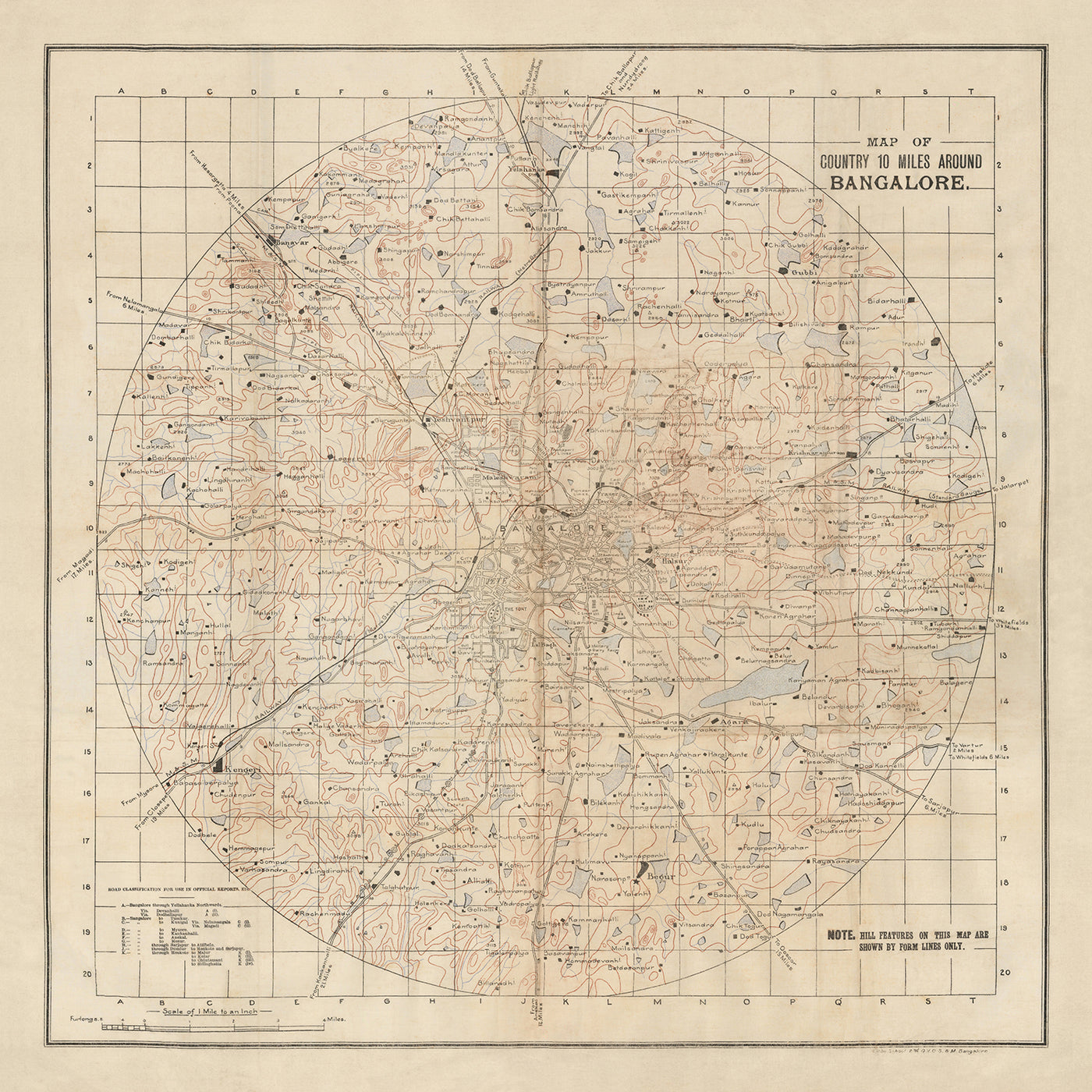Mapa antiguo de Bengaluru de 1910: ciudad de Bangalore, acantonamiento, Bannerghatta, lago Ulsoor, tanque Sankey