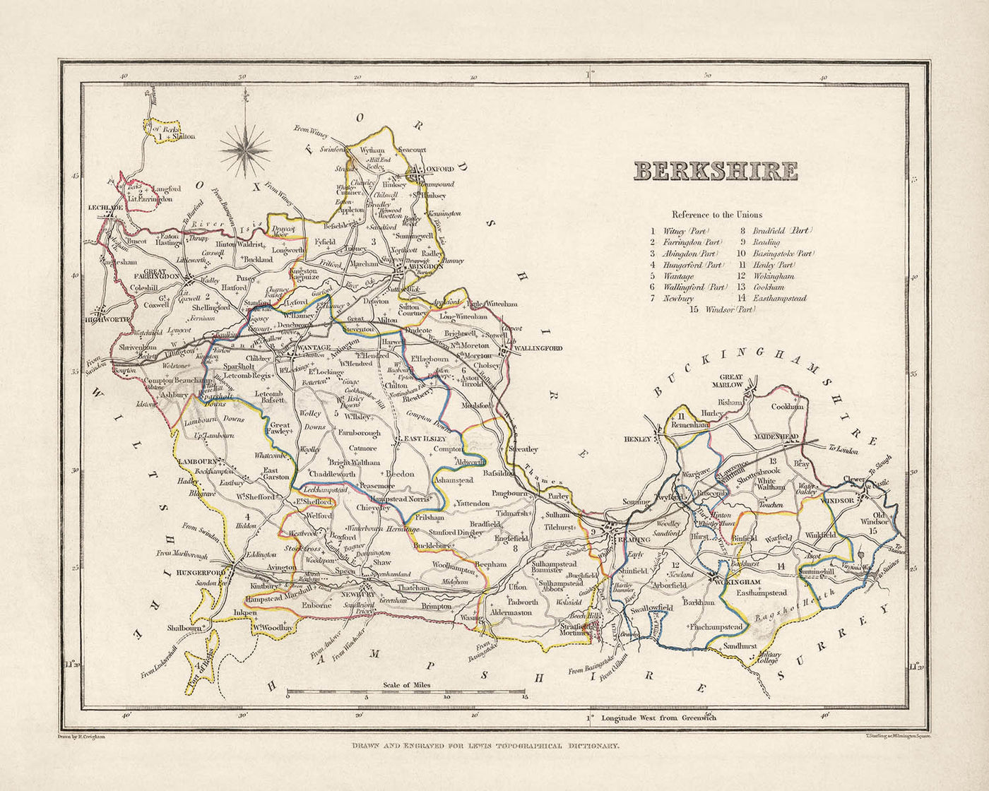 Alte Karte von Berkshire von Samuel Lewis, 1844: Reading, Windsor, Newbury, Abingdon und Henley-on-Thames 