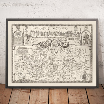 La carte monochrome ancienne de Berkshire 1611 par John Speed - Reading, Slough, Bracknell, Maidenhead, Henley, Eton, Windsor Castle