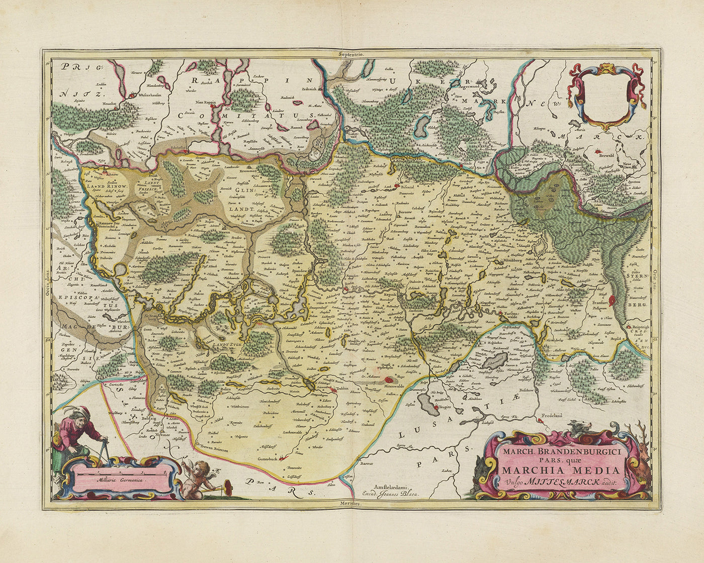 Mapa antiguo de Berlín-Brandeburgo por Joan Blaeu, 1665: Berlín, Potsdam, Cottbus, Frankfurt an der Oder y Brandenburgo an der Havel, con el río Spree, el Havel y la Märkische Schweiz.