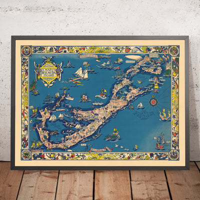 Old Pictorial Map of Bermuda by Shurtleff, 1930: Hamilton, St. George's, Great Sound, Sea Monsters, Ships