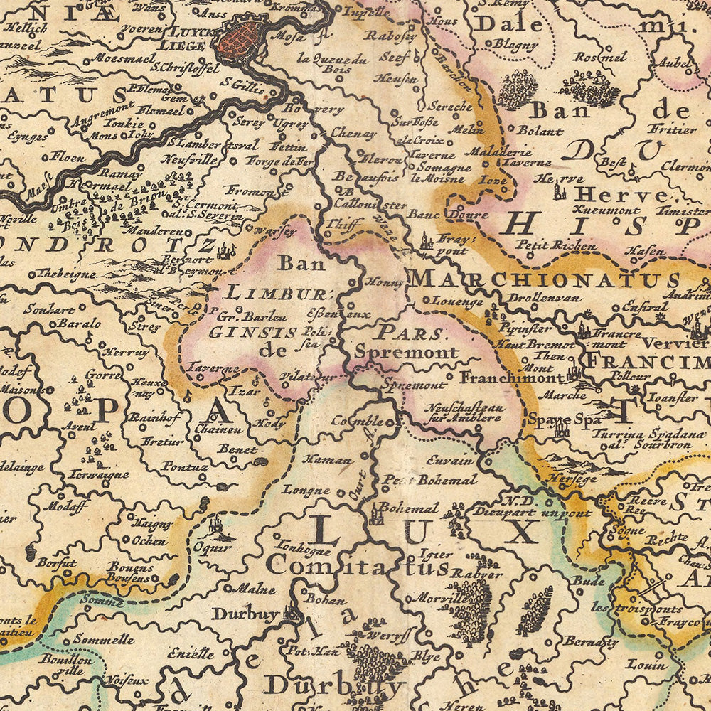 Mapa antiguo del obispado de Lieja, Bélgica por Visscher, 1690: Bruselas, Amberes, Colonia, Bonn, Düsseldorf
