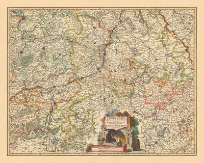 Mapa antiguo del obispado de Lieja, Bélgica por Visscher, 1690: Bruselas, Amberes, Colonia, Bonn, Düsseldorf