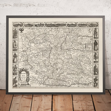 Antigua Mapa Monocromático de Bohemia por Speed, 1626: Chequia, Praga, Ríos, Ilustraciones 