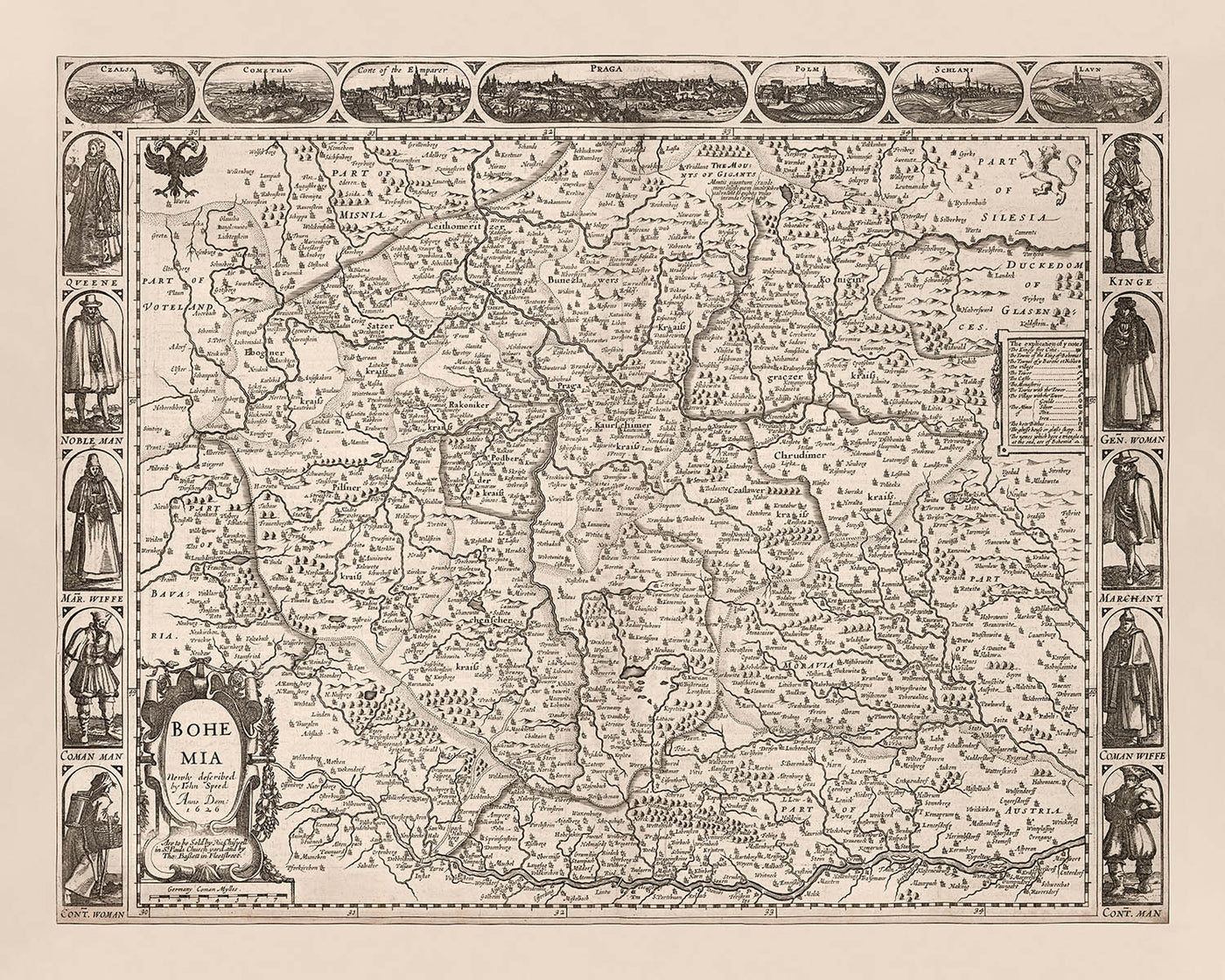 Alte Karte der Tschechischen Republik von Speed, 1626: Prag, Flüsse, Berge, Grenzen, Illustrationen