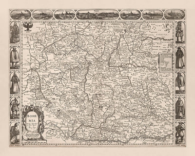 Alte Karte der Tschechischen Republik von Speed, 1626: Prag, Flüsse, Berge, Grenzen, Illustrationen