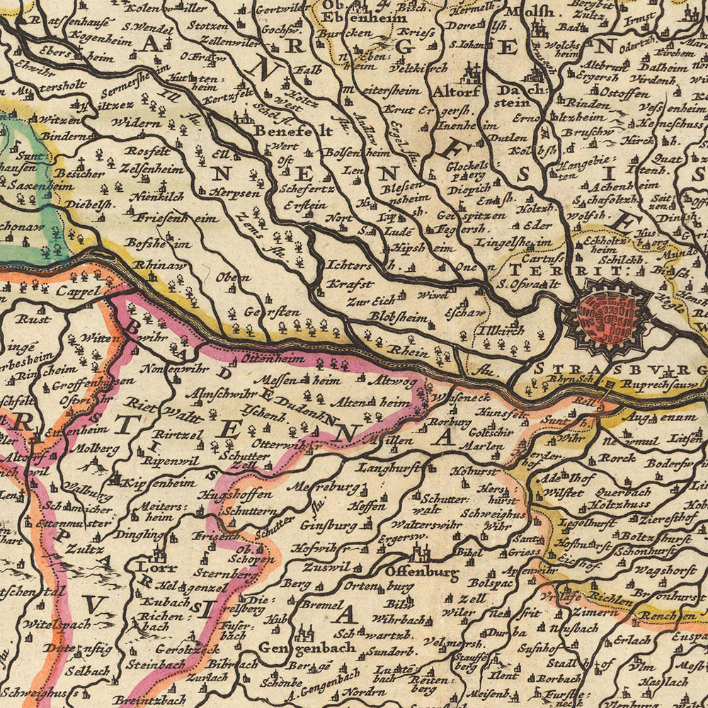 Mapa antiguo de Alsacia, Ducado de Zweibrücken y Obispado de Speyer por Visscher, 1690: Estrasburgo, Friburgo de Brisgovia, Karlsruhe, Mannheim, Basilea