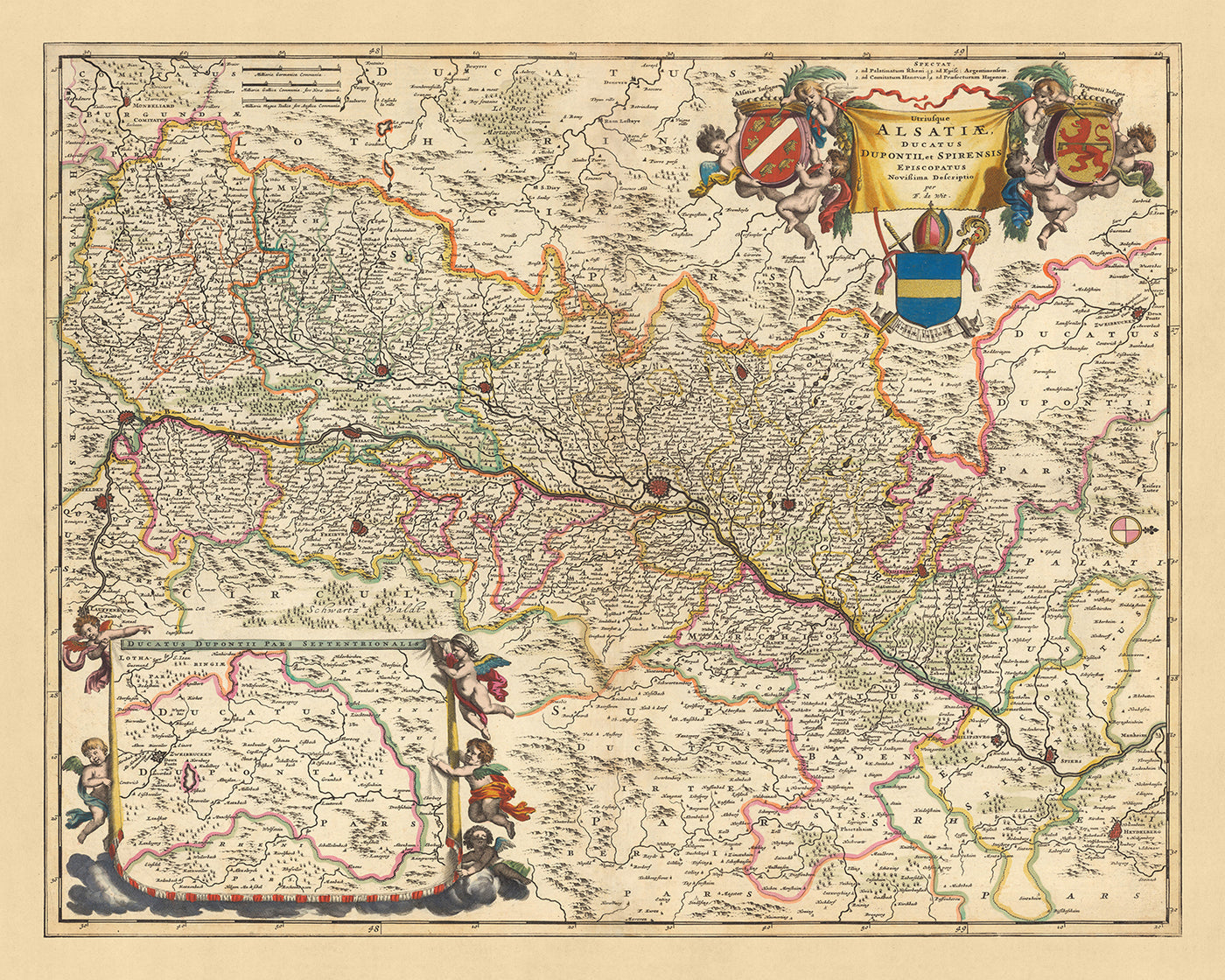 Alte Karte des Elsass, des Herzogtums Zweibrücken und des Bistums Speyer von Visscher, 1690: Straßburg, Freiburg im Breisgau, Karlsruhe, Mannheim, Basel