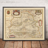 Mapa antiguo de Castilla la Vieja y Nueva, España por Visscher, 1690: Madrid, Valencia, Sevilla, Zaragoza, Murcia