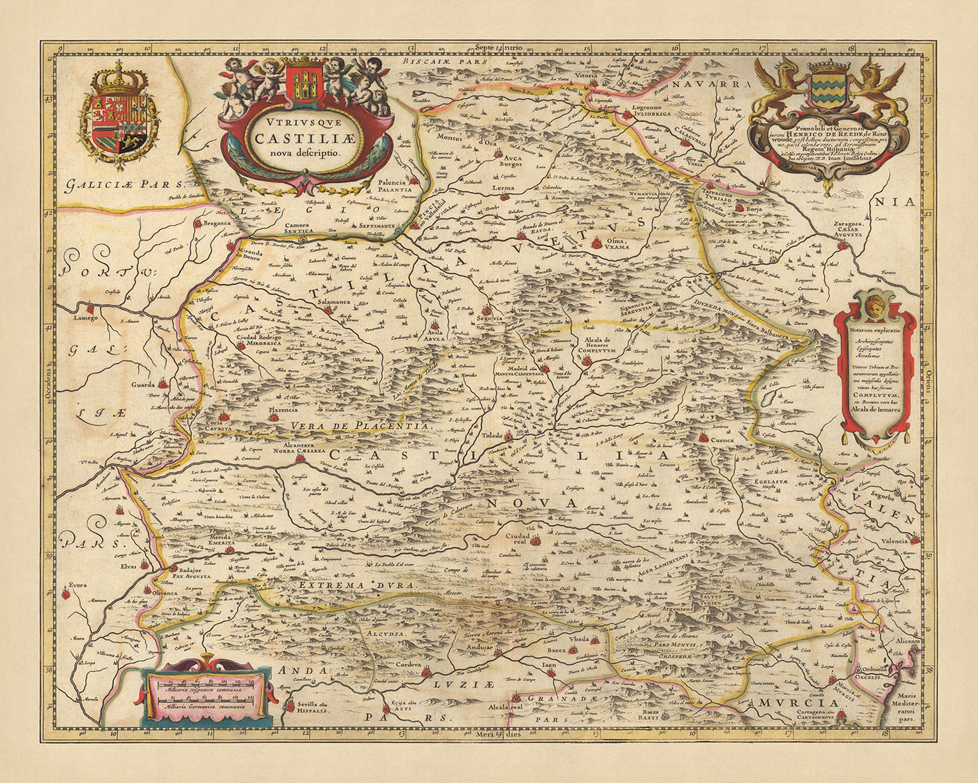 Old Map of Old & New Castile, Spain by Visscher, 1690: Madrid, Valencia, Seville, Zaragoza, Murcia