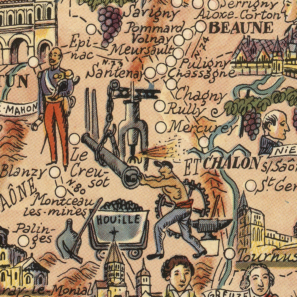 Alte Bildkarte von Burgund von Liozu, 1951: Dijon, Beaune, Weinberge, Kathedralen, Kompassrose