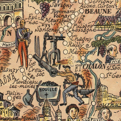 Antiguo mapa pictórico de Borgoña de Liozu, 1951: Dijon, Beaune, viñedos, catedrales, rosa de los vientos