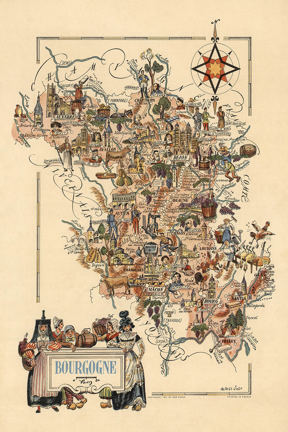 Ancienne carte picturale de Bourgogne par Liozu, 1951 : Dijon, Beaune, Vignobles, Cathédrales, Rose des Vents