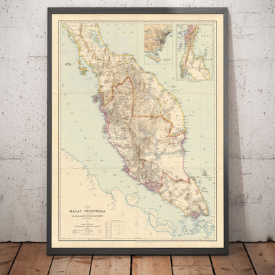 Ancienne carte de la péninsule malaise en 1898 par Cuylenburg & Stanford - Malaisie, Thaïlande, Singapour, Johor, Malacca