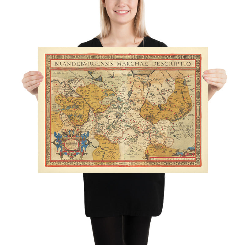 Antica mappa di Brandeburgo di Ortelius, 1598: Berlino, fiume Albis, fiume Oder, Marchia Media, design ornato 