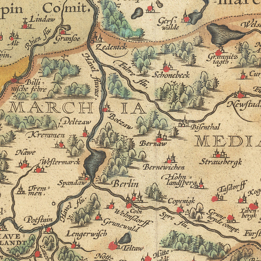 Carte ancienne du Brandebourg par Ortelius, 1598 : Berlin, rivière Albis, rivière Oder, Marchia Media, dessin orné