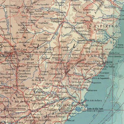 Old Map of East Brazil, 1967: São Paulo, Rio de Janeiro, Brasília, Amazon River, Pantanal