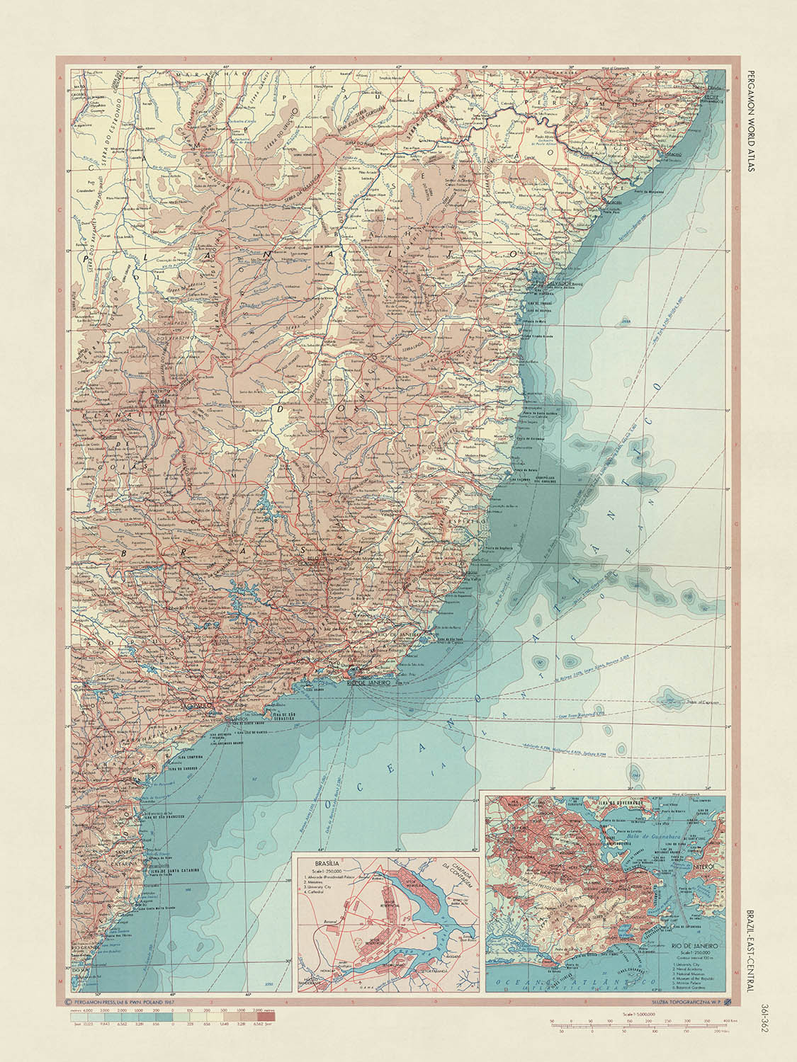 Old Map of East Brazil, 1967: São Paulo, Rio de Janeiro, Brasília, Amazon River, Pantanal