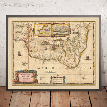 Mapa antiguo de Brasil de Visscher, 1690: Río de Janeiro, São Paulo, Salvador, São Luís, Natal