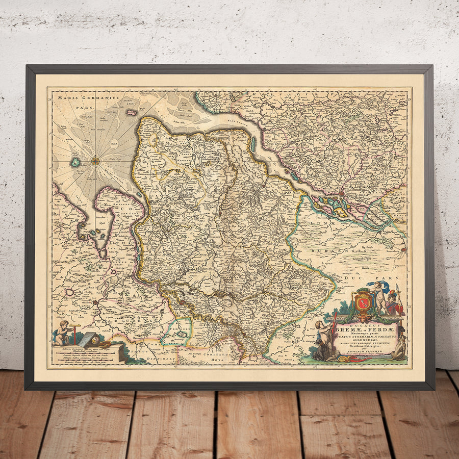 Mappa Antica di Brema e Verden: Visscher, 1690: Amburgo, Oldenburg, Lüneburg, Bremerhaven, Stade 