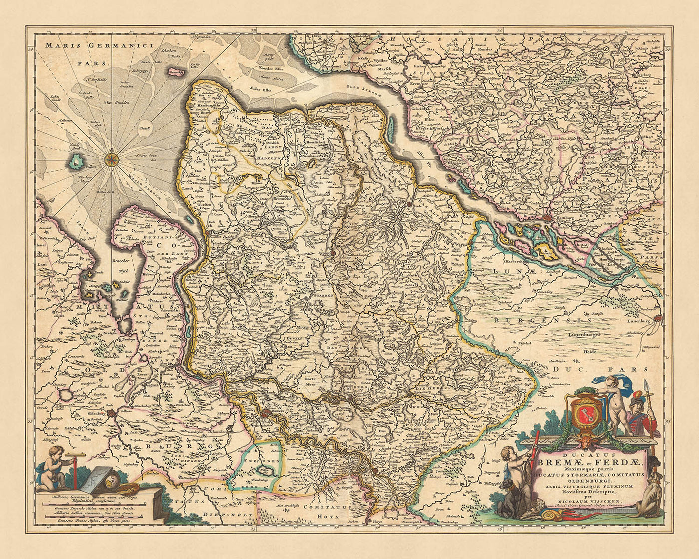 Old Map of Bremen and Verden: Visscher, 1690: Hamburg, Oldenburg, Lüneberg, Bremerhaven, Stade