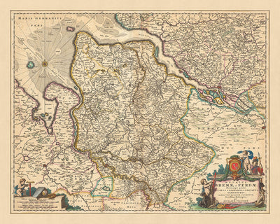 Old Map of Bremen and Verden: Visscher, 1690: Hamburg, Oldenburg, Lüneberg, Bremerhaven, Stade