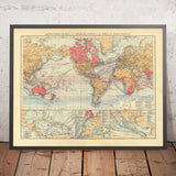 Mappa del Mondo Antico delle Rotte Commerciali dell'Impero Britannico e delle Correnti Oceaniche, 1895 - Carta Nautica, Cavi Sottomarini 