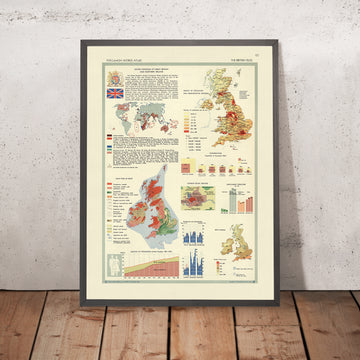 Alte Infografik-Karte der Britischen Inseln, 1967: Bevölkerungsdichte, Klimavariation, Beschäftigungsstatistiken 