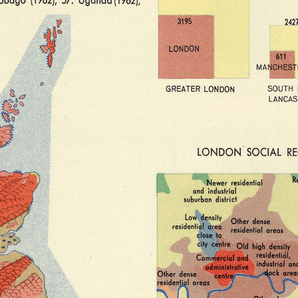 Carte infographique des îles britanniques par le service topographique de l'armée polonaise, 1967 : densité de population, variation climatique, statistiques de l'emploi