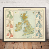 Mappa Antica delle Isole Britanniche Temperatura e Precipitazioni di Bartholomew, 1922: Vegetazione, Ferrovie, Clima 