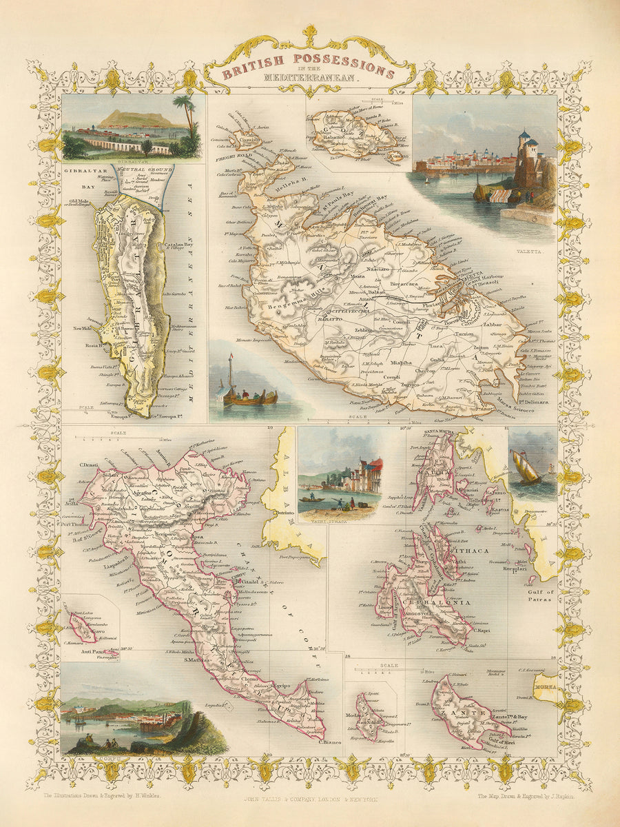 Mappa antica delle possessioni britanniche nel Mediterraneo di Tallis & Rapkin 1851: Gibilterra, Malta, Cipro, Heligoland, Isole Ioniche 