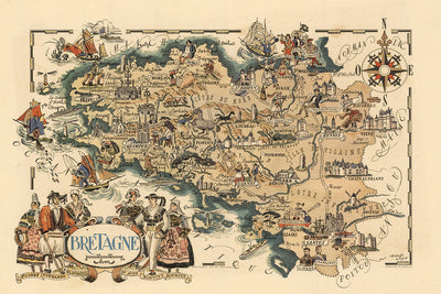 Ancienne carte de Bretagne, France par Jacques Liozu, 1951 : Rennes, Nantes, Brest, Quimper, Saint-Malo