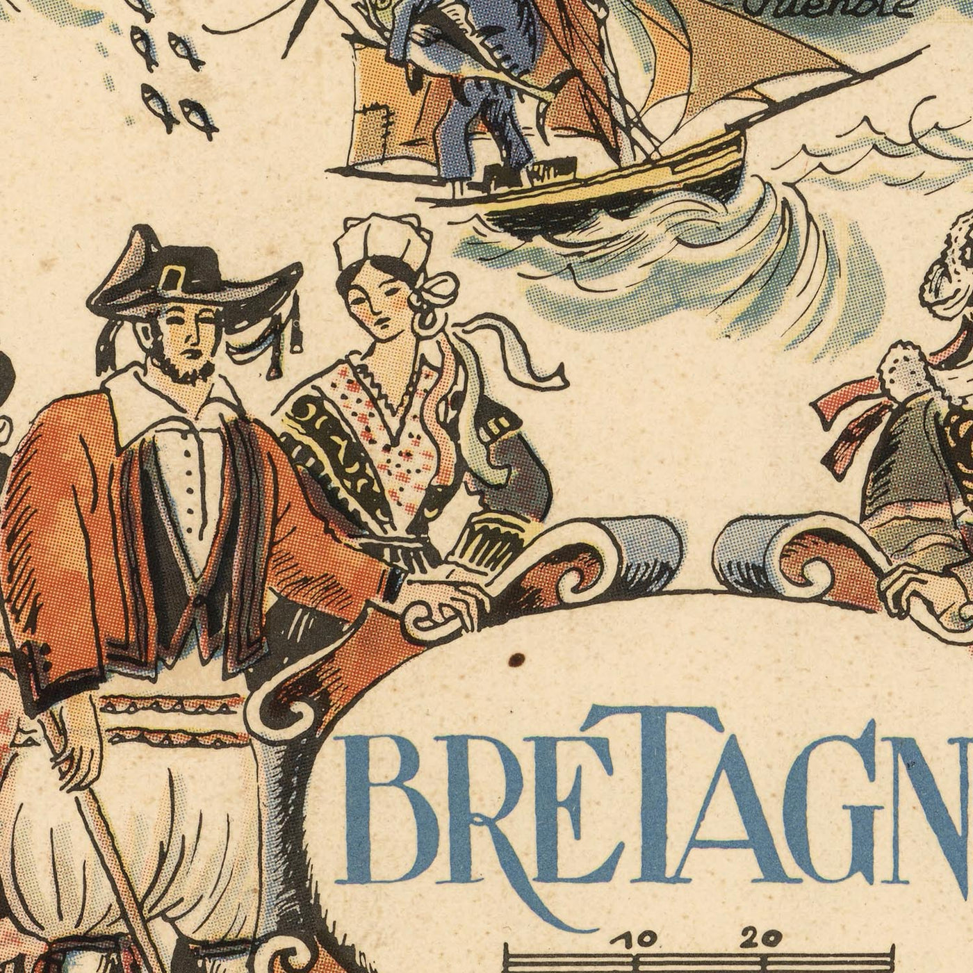 Mapa antiguo de Bretaña, Francia, de Jacques Liozu, 1951: Rennes, Nantes, Brest, Quimper, Saint-Malo