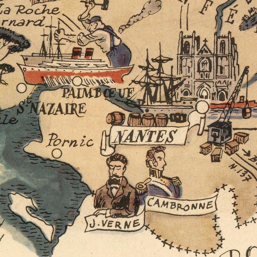 Mappa antica della Bretagna, Francia di Jacques Liozu, 1951: Rennes, Nantes, Brest, Quimper, Saint-Malo 