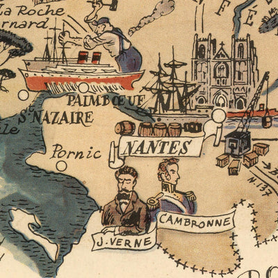Mapa antiguo de Bretaña, Francia, de Jacques Liozu, 1951: Rennes, Nantes, Brest, Quimper, Saint-Malo