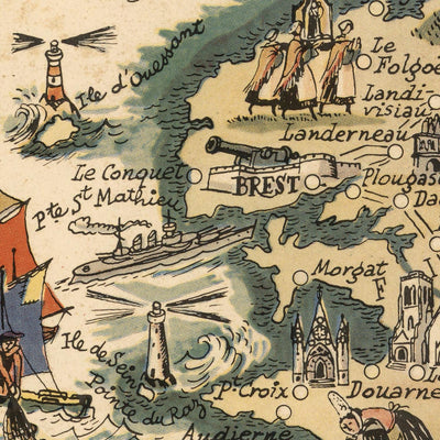 Mapa antiguo de Bretaña, Francia, de Jacques Liozu, 1951: Rennes, Nantes, Brest, Quimper, Saint-Malo