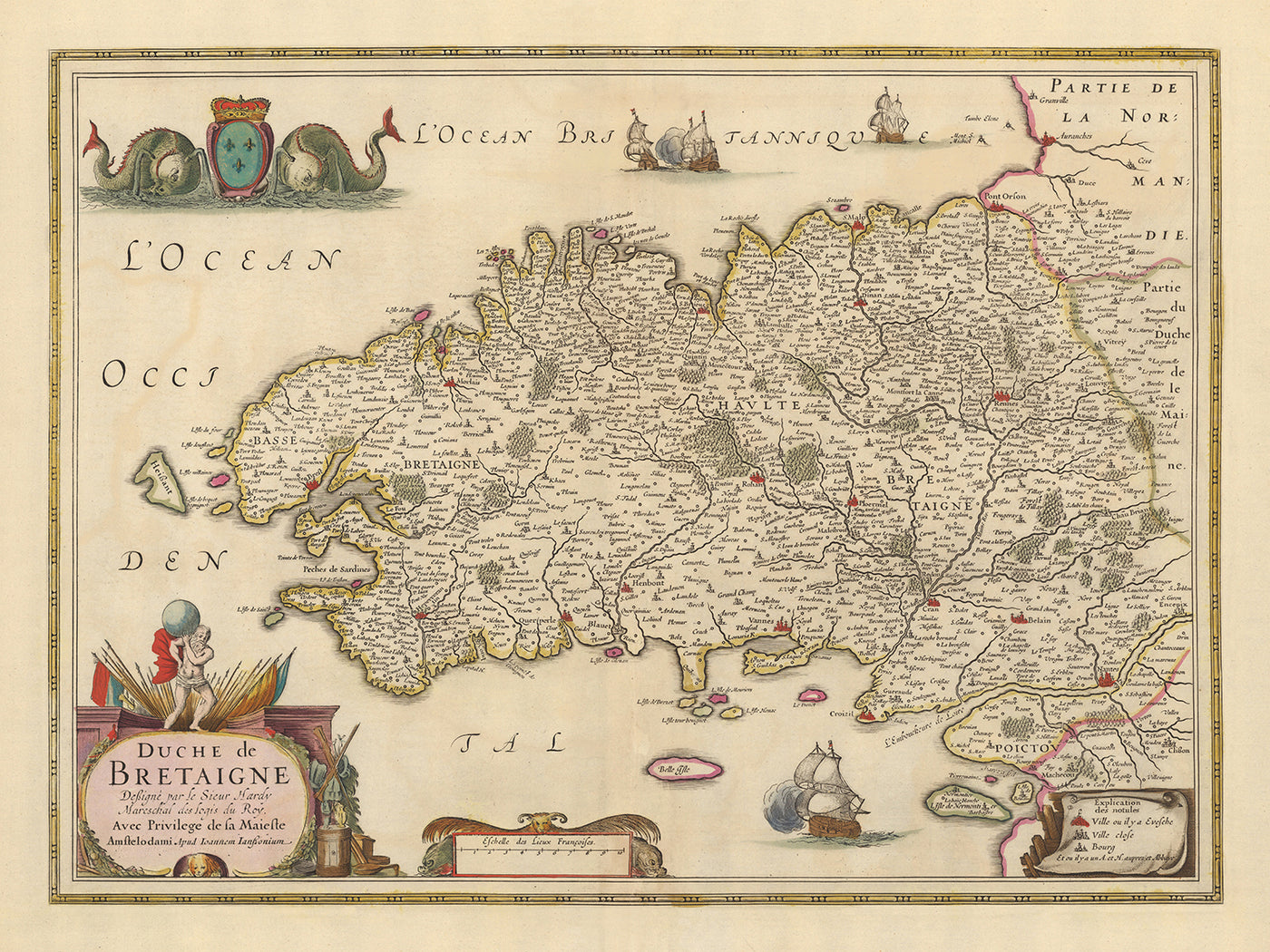 Ancienne carte de Bretagne par Nicolaes Visscher, 1690 : Rennes, Nantes, Brest, Saint-Malo et Vannes