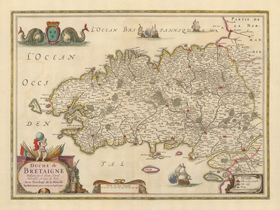 Old Map of Brittany by Nicolaes Visscher, 1690: Rennes, Nantes, Brest, Saint-Malo, and Vannes