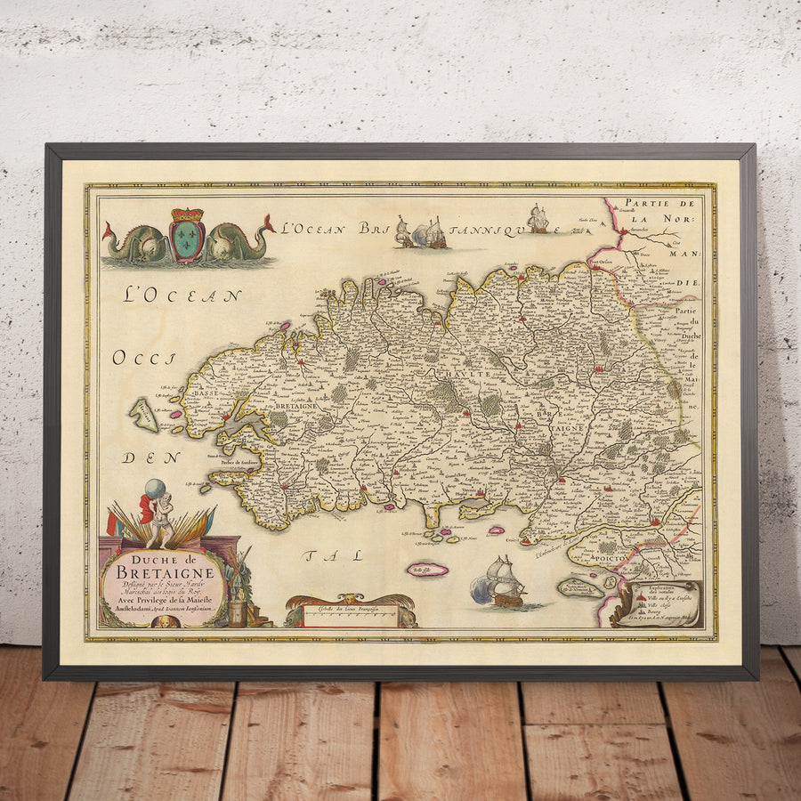 Antica mappa della Bretagna di Nicolaes Visscher, 1690: Rennes, Nantes, Brest, Saint-Malo e Vannes 