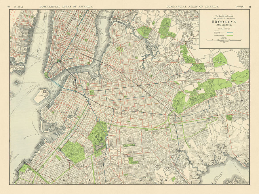 Vecchia mappa di Brooklyn di Rand McNally, 1912: linee di trasporto elevato e rapido, tram, Prospect Park, Brooklyn Bridge 