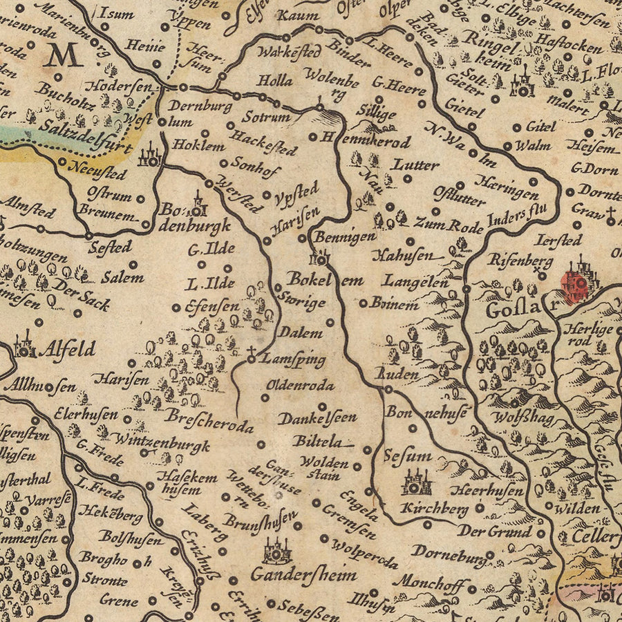 Mappa antica di Brunswick e Lüneburg di Visscher, 1690: Hannover, Wolfsburg, Hildesheim, Göttingen, Parco Nazionale Harz 