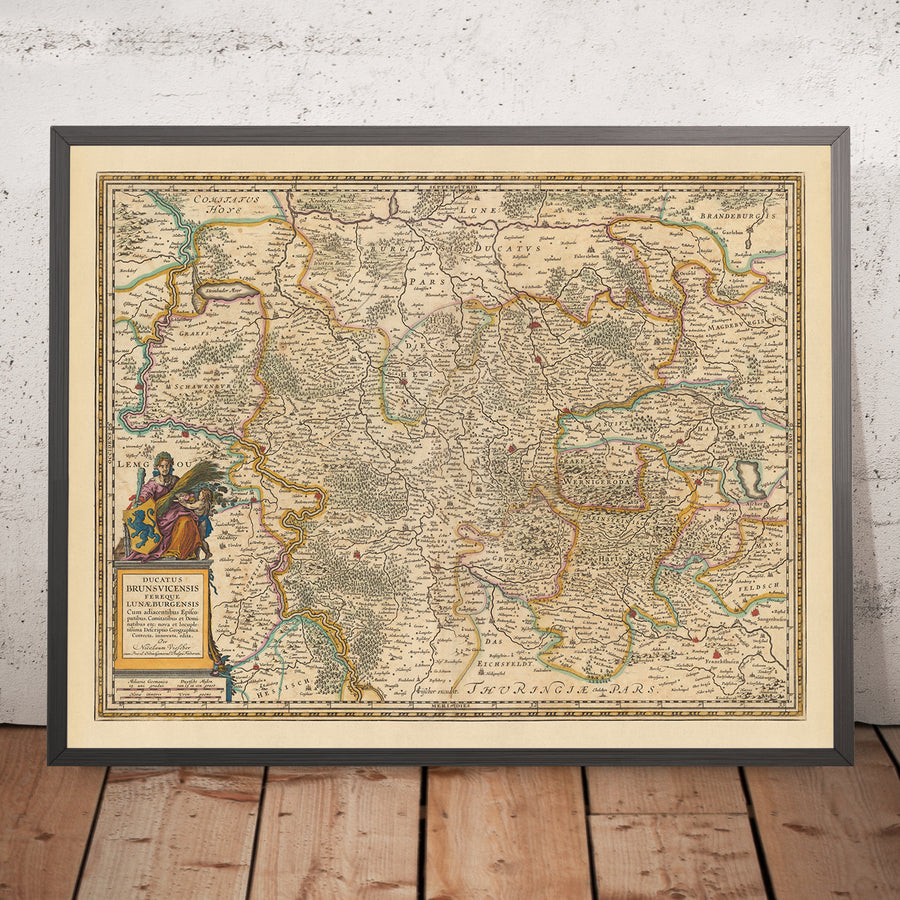 Mappa antica di Brunswick e Lüneburg di Visscher, 1690: Hannover, Wolfsburg, Hildesheim, Göttingen, Parco Nazionale Harz 