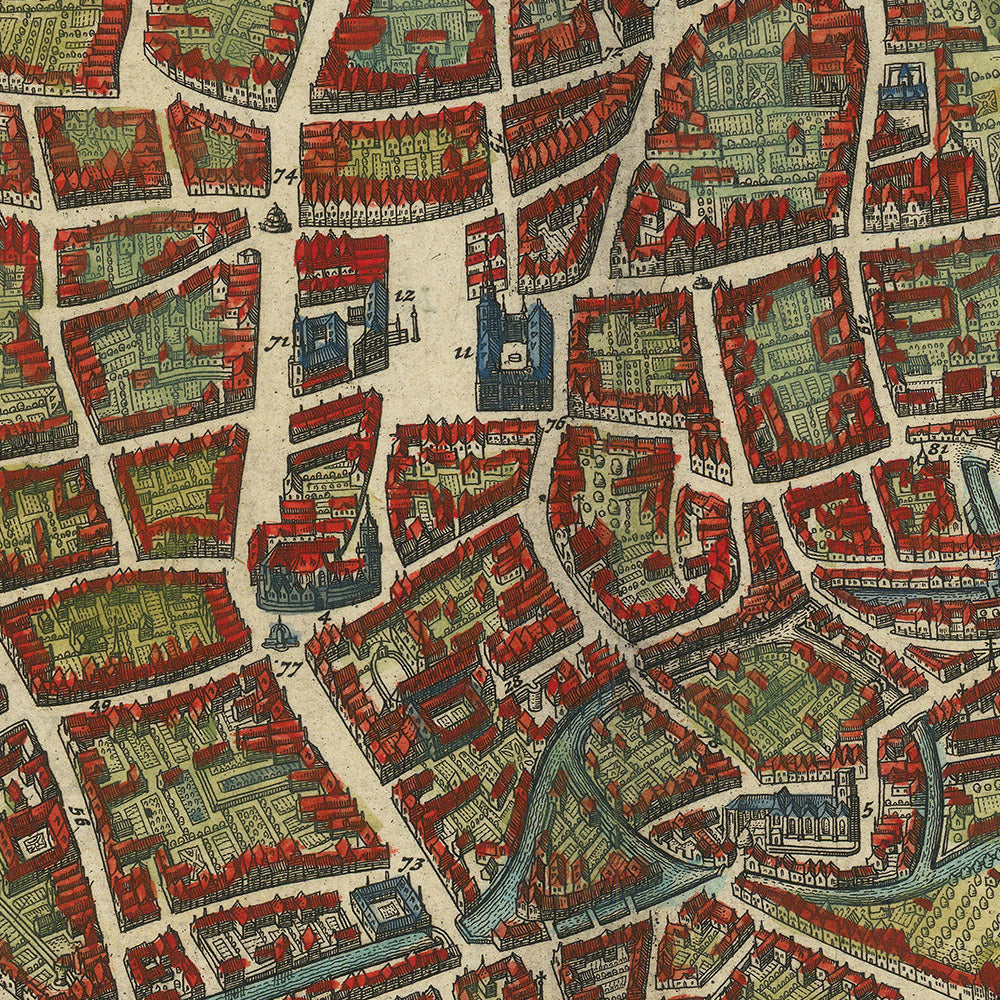 Carte ancienne de Bruxelles à vol d'oiseau par Blaeu, 1649 : Fortifications, Églises, Bâtiments publics, Quartiers, Jardins