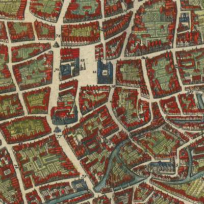 Mapa antiguo de Bruselas a vista de pájaro realizado por Blaeu, 1649: fortificaciones, iglesias, edificios públicos, barrios y jardines