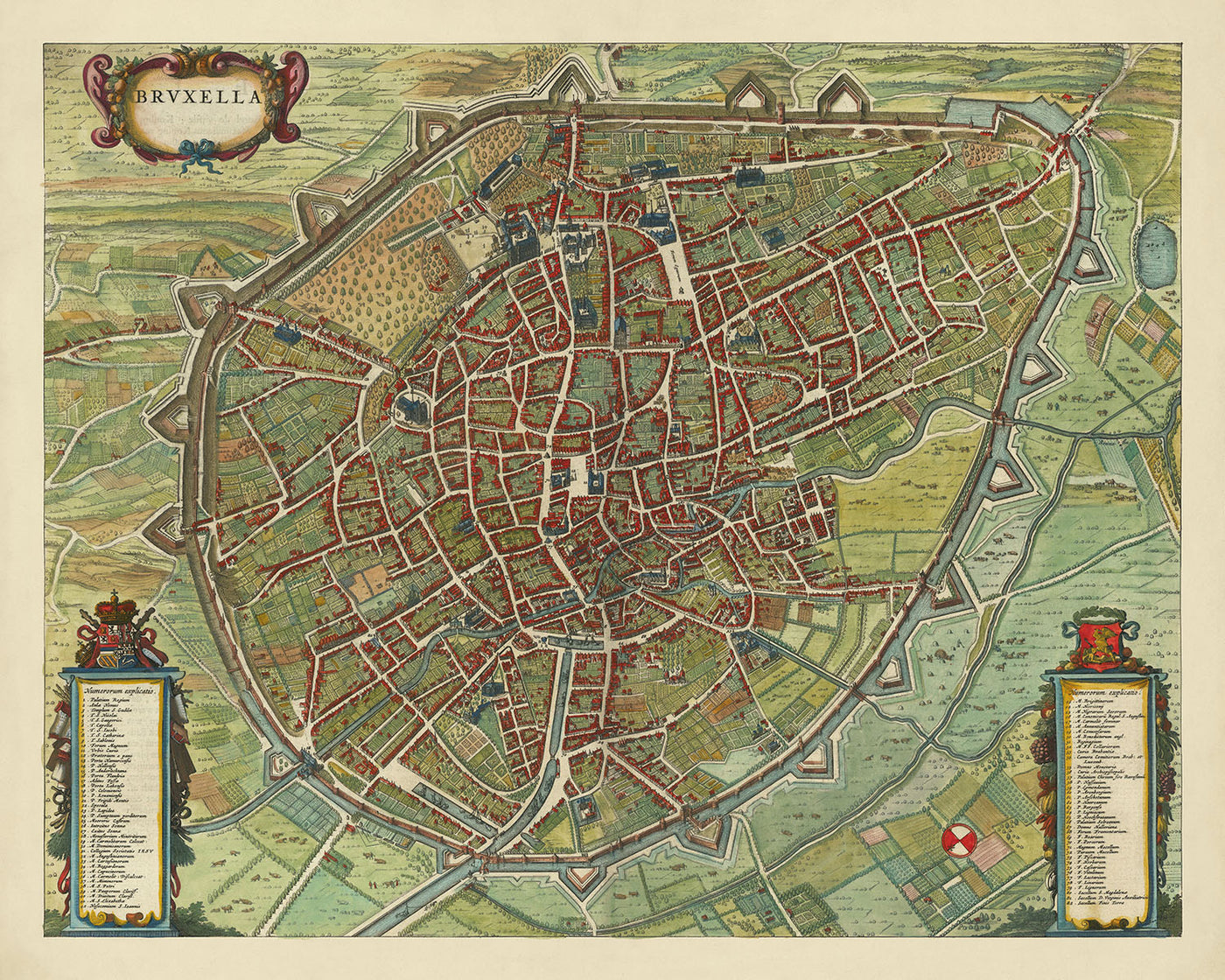 Mapa antiguo de Bruselas a vista de pájaro realizado por Blaeu, 1649: fortificaciones, iglesias, edificios públicos, barrios y jardines