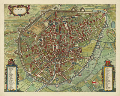 Alte Vogelaugenkarte von Brüssel von Blaeu, 1649: Befestigungen, Kirchen, öffentliche Gebäude, Stadtteile, Gärten